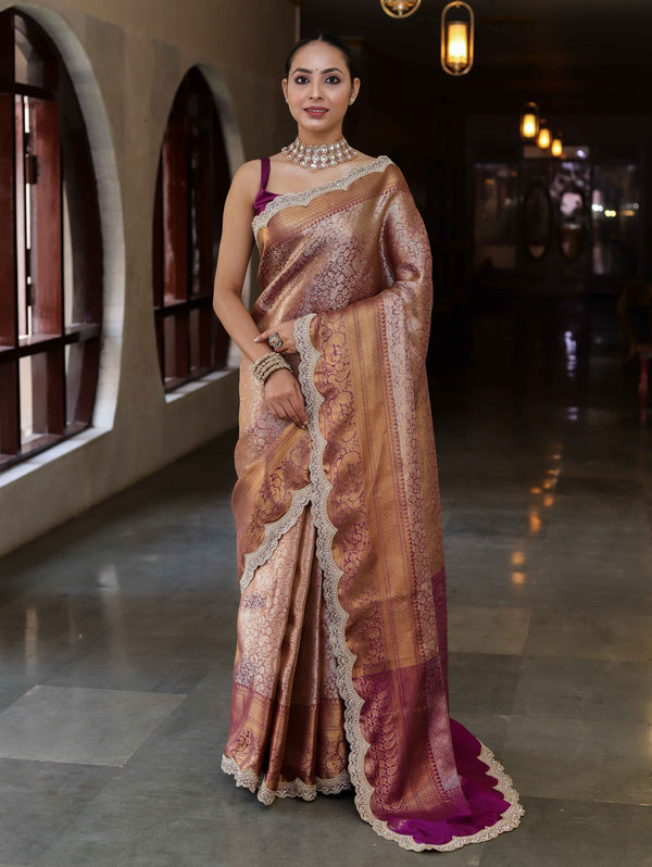 Banarasee Handwoven Dual Tone Tissue Saree With Zari Woven Design Contrast Border & Lace-Rust & Purple