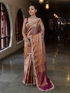 Banarasee Handwoven Dual Tone Tissue Saree With Zari Woven Design Contrast Border & Lace-Rust & Purple