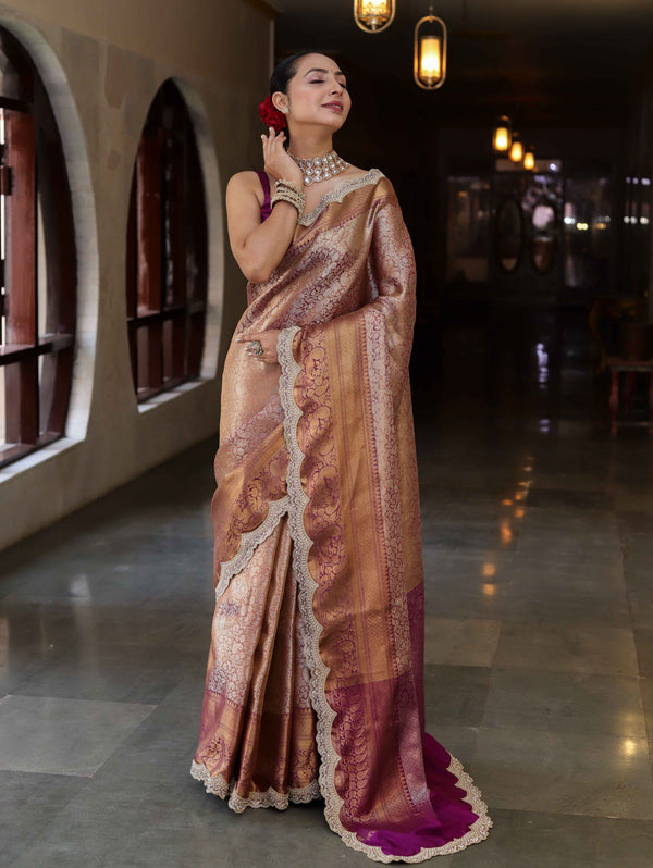 Banarasee Handwoven Dual Tone Tissue Saree With Zari Woven Design Contrast Border & Lace-Rust & Purple