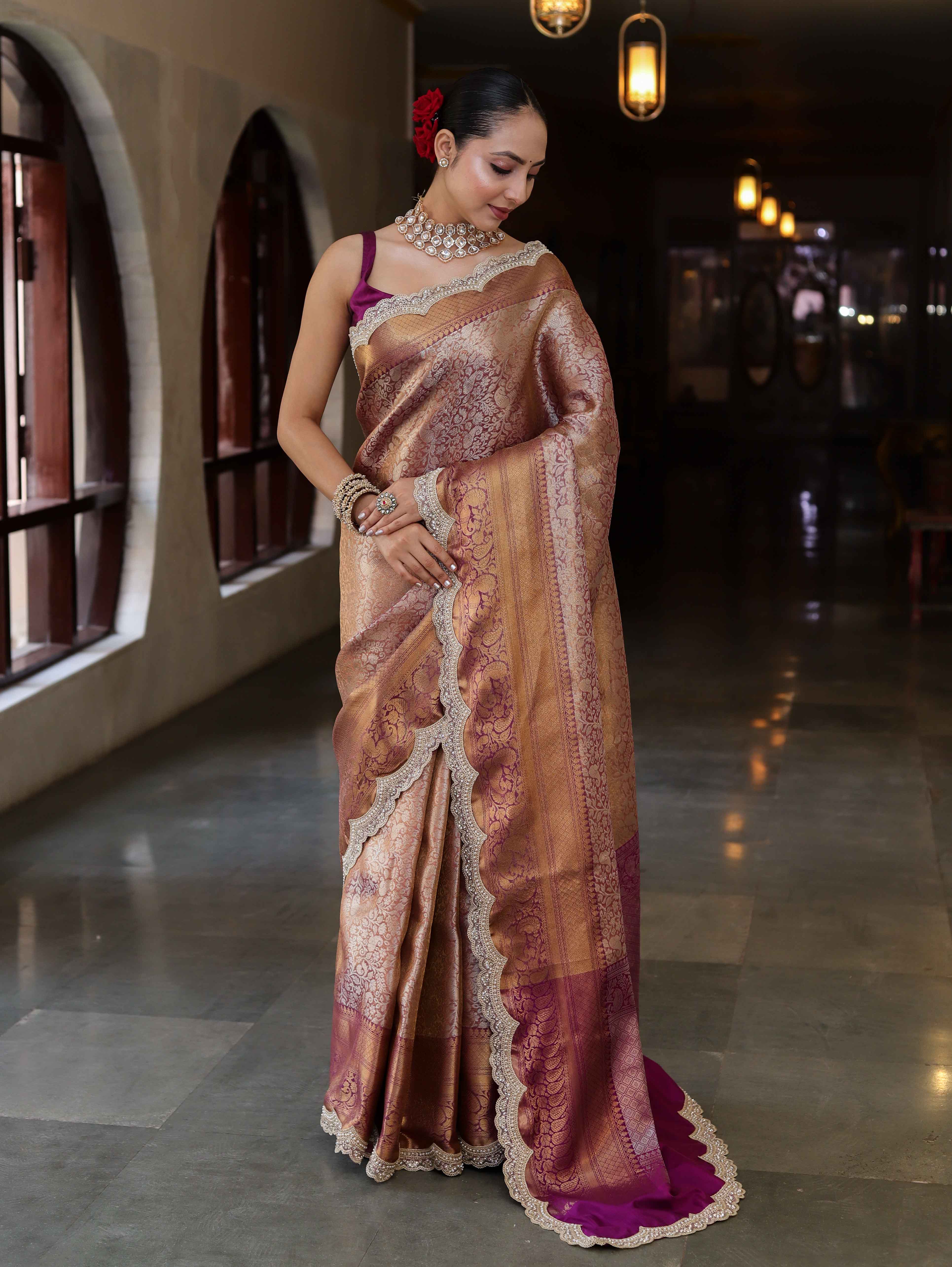 Banarasee Handwoven Dual Tone Tissue Saree With Zari Woven Design Contrast Border & Lace-Rust & Purple
