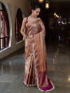 Banarasee Handwoven Dual Tone Tissue Saree With Zari Woven Design Contrast Border & Lace-Rust & Purple