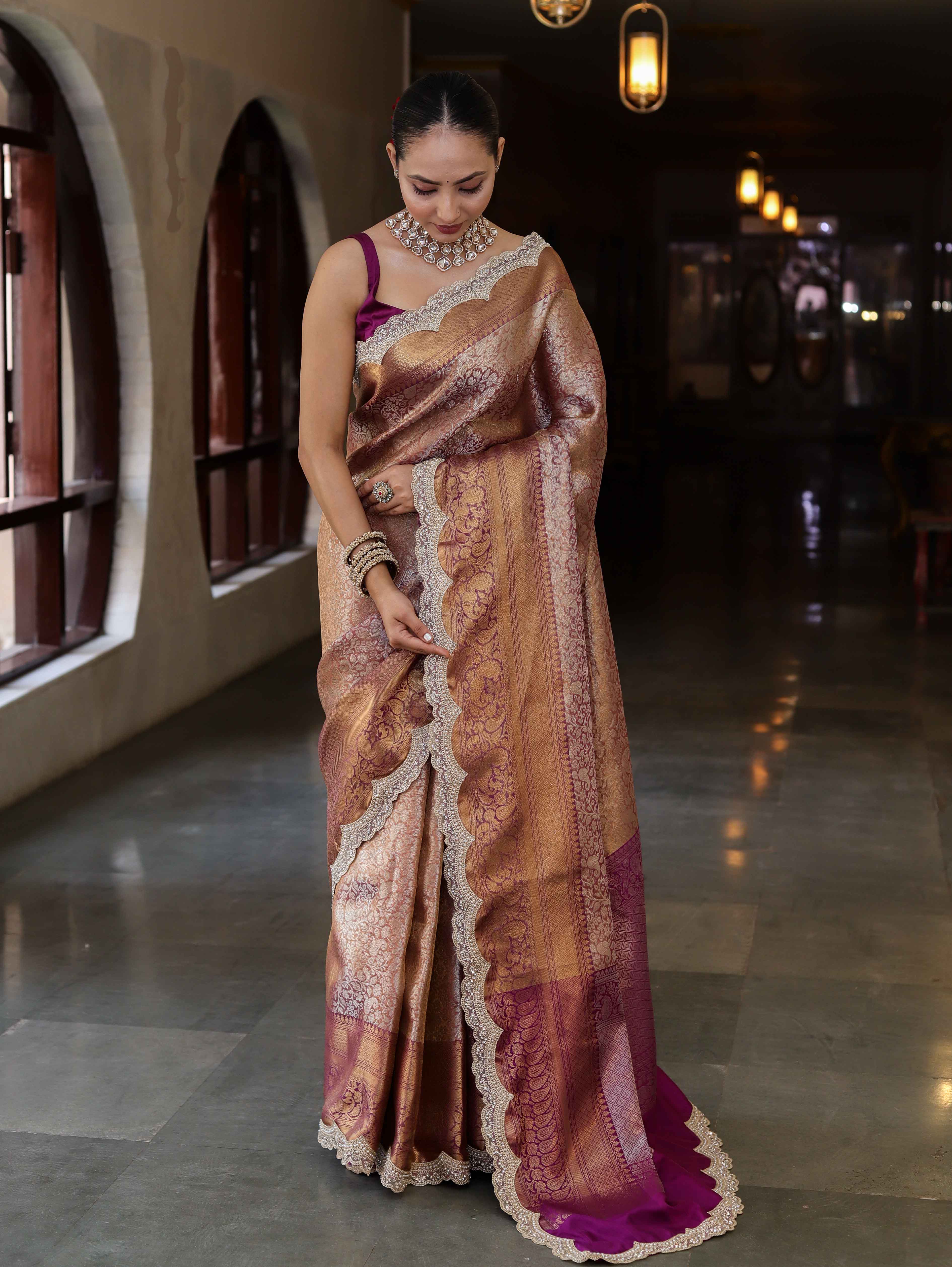 Banarasee Handwoven Dual Tone Tissue Saree With Zari Woven Design Contrast Border & Lace-Rust & Purple