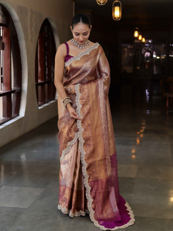 Banarasee Handwoven Dual Tone Tissue Saree With Zari Woven Design Contrast Border & Lace-Rust & Purple