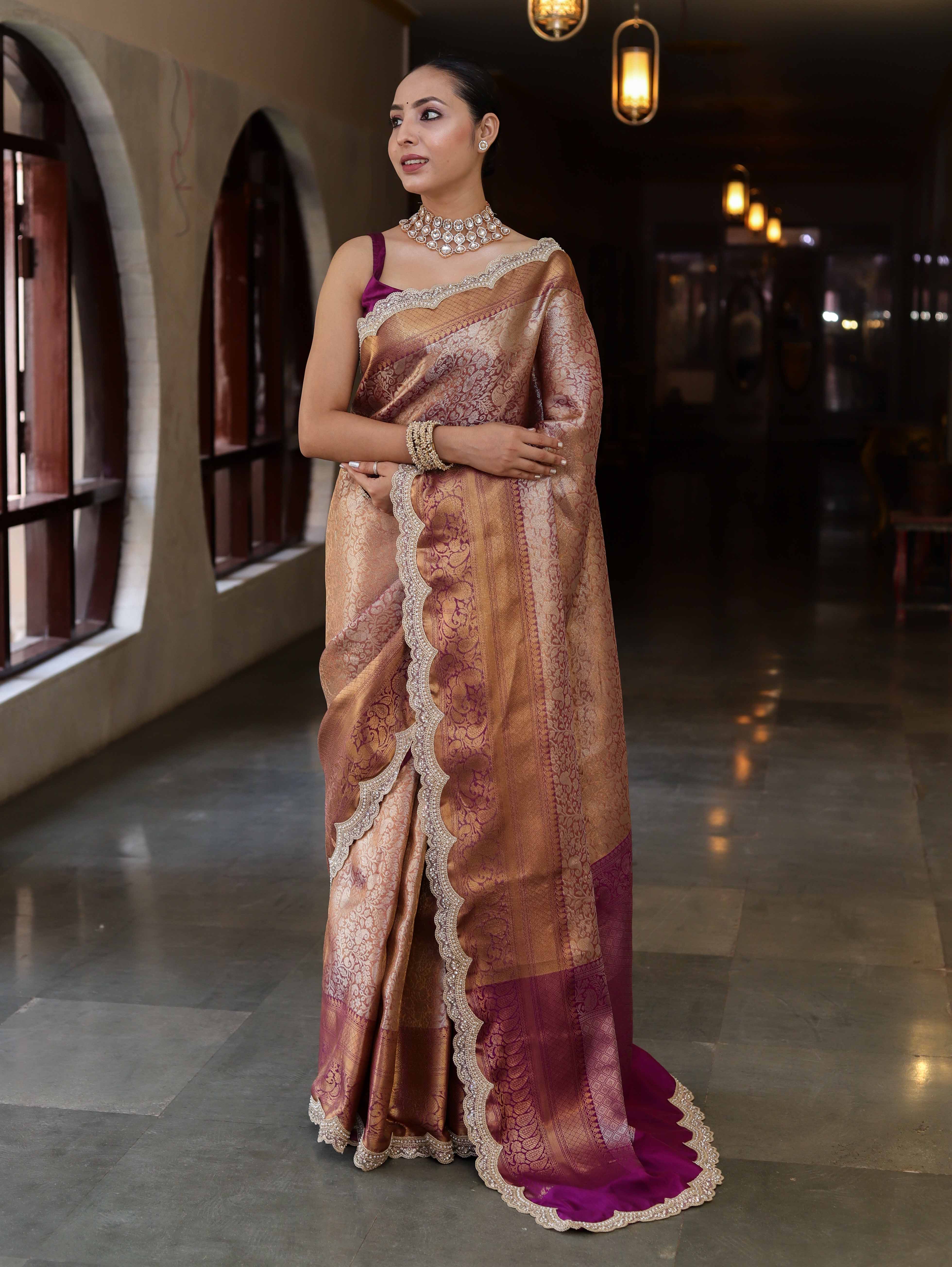 Banarasee Handwoven Dual Tone Tissue Saree With Zari Woven Design Contrast Border & Lace-Rust & Purple