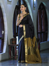 Banarasee Handloom Cotton Silk Plain Saree With Contrast Pallu & Border-Black & Gold