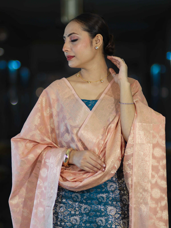 Banarasee Brocade Salwar Kameez Fabric With Jaal Design Contrast Dupatta-Teal Blue & Peach