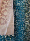Banarasee Brocade Salwar Kameez Fabric With Jaal Design Contrast Dupatta-Teal Blue & Peach