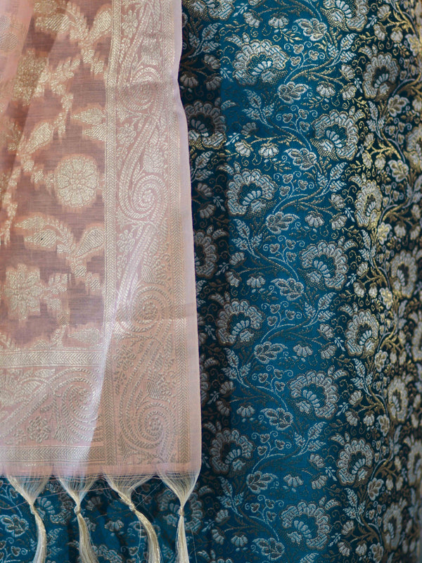 Banarasee Brocade Salwar Kameez Fabric With Jaal Design Contrast Dupatta-Teal Blue & Peach