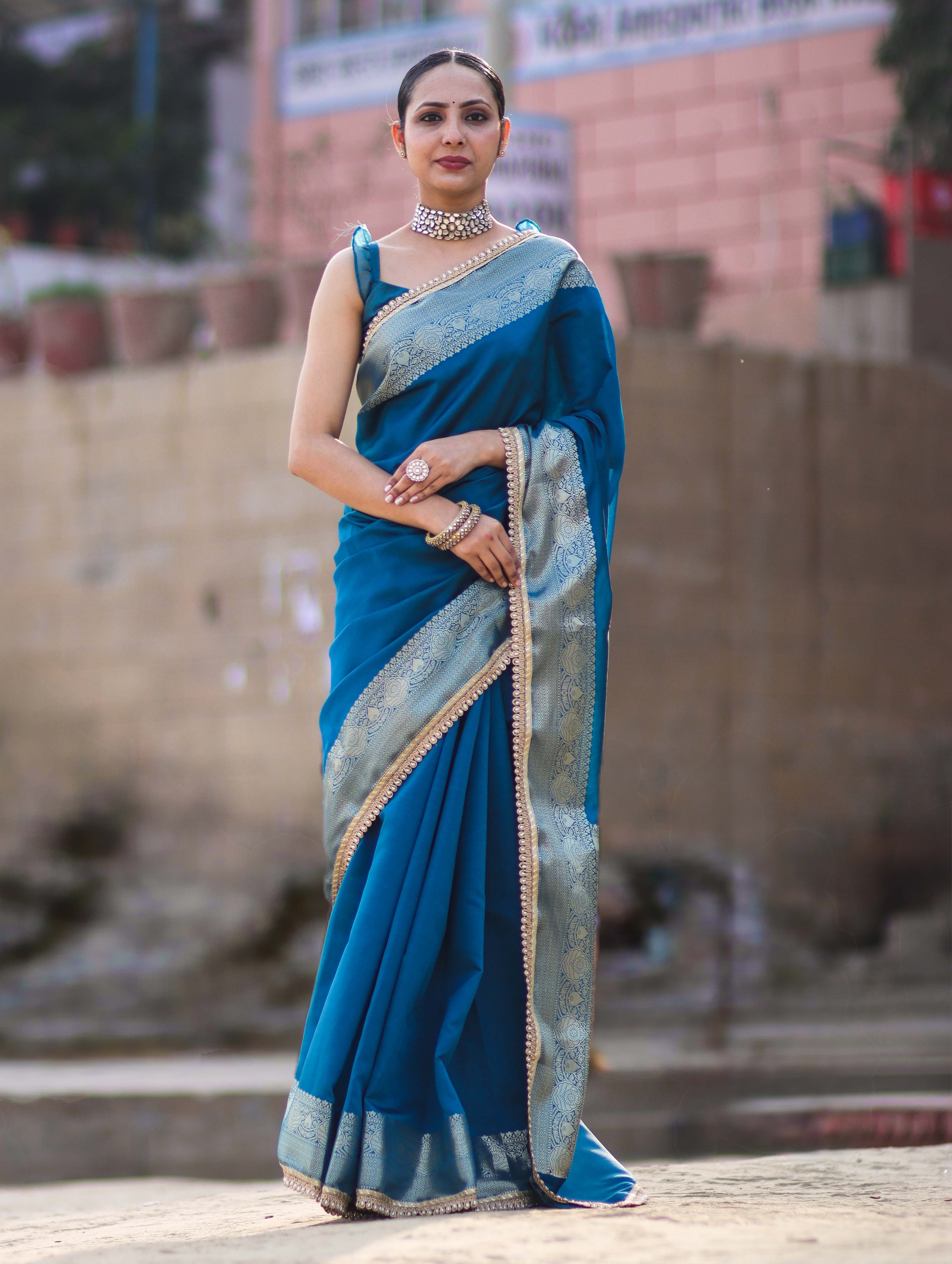 Banarasee Handloom Semi Silk Plain Saree With Zari Border & Lace-Teal Blue