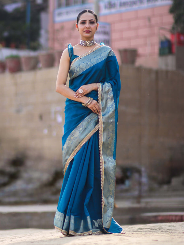 Banarasee Handloom Semi Silk Plain Saree With Zari Border & Lace-Teal Blue