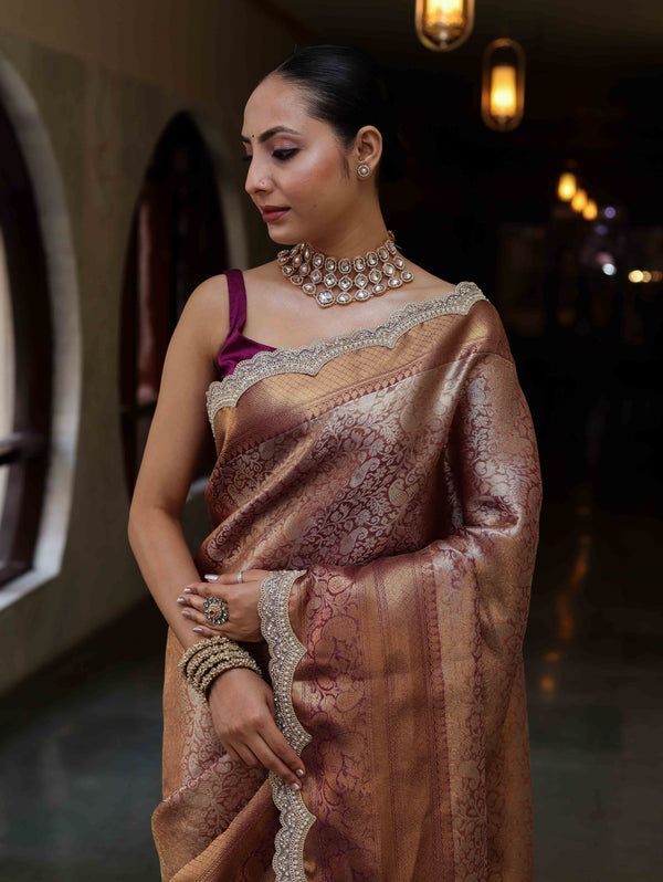 Banarasee Handwoven Dual Tone Tissue Saree With Zari Woven Design Contrast Border & Lace-Rust & Purple