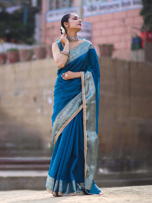 Banarasee Handloom Semi Silk Plain Saree With Zari Border & Lace-Teal Blue