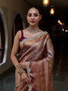 Banarasee Handwoven Dual Tone Tissue Saree With Zari Woven Design Contrast Border & Lace-Rust & Purple