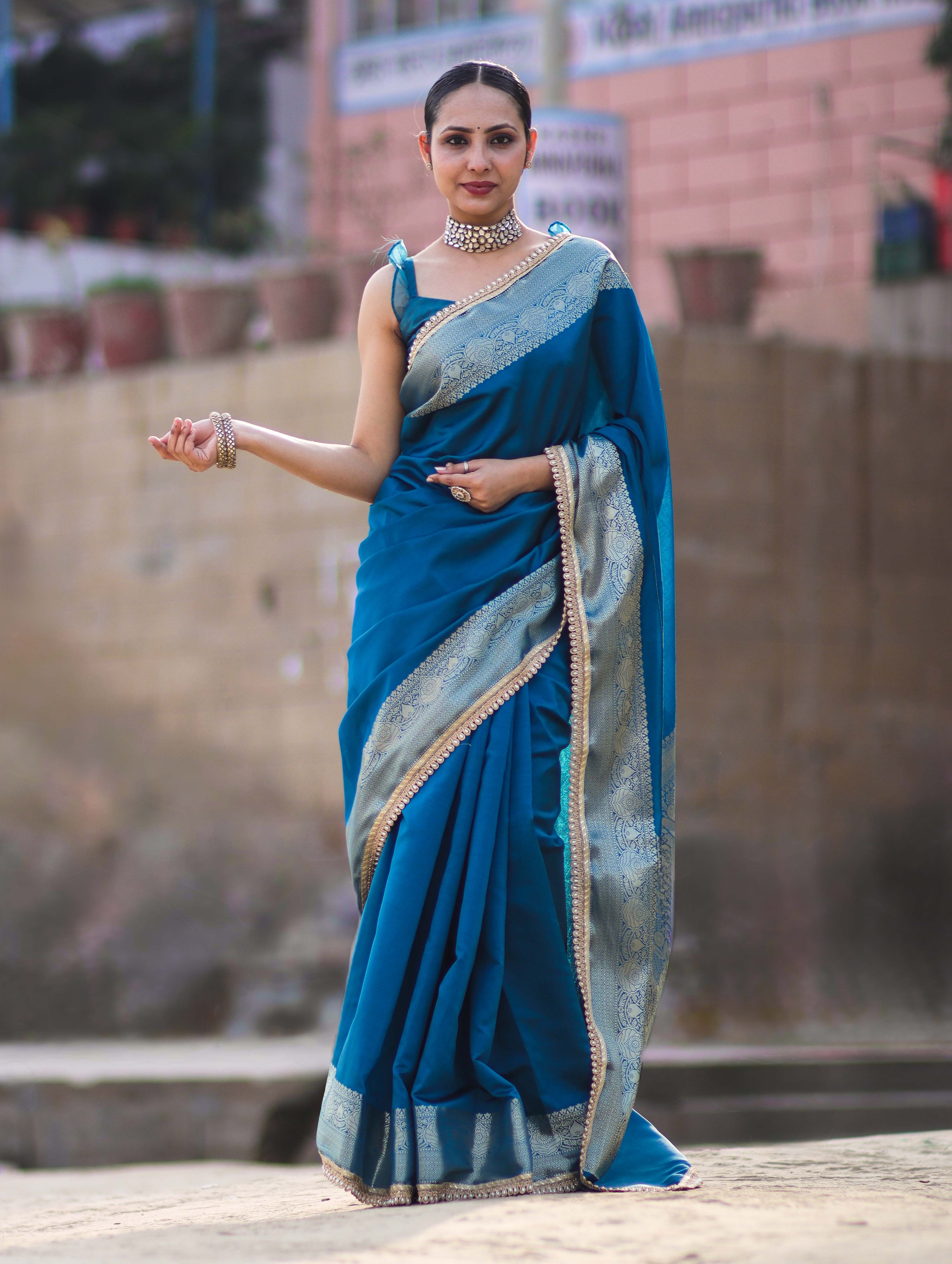 Banarasee Handloom Semi Silk Plain Saree With Zari Border & Lace-Teal Blue