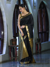 Banarasee Handloom Cotton Silk Plain Saree With Contrast Pallu & Border-Black & Gold