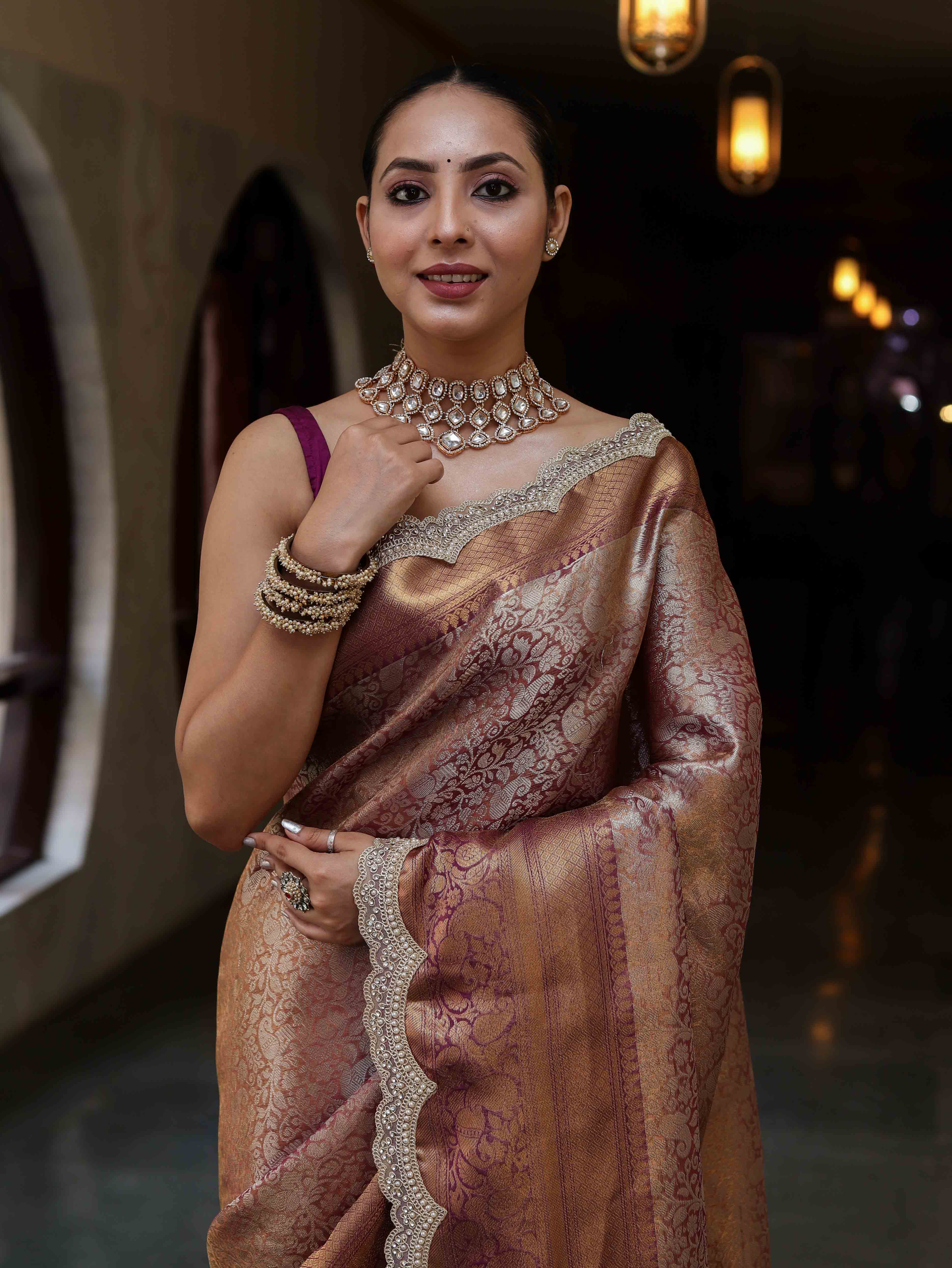 Banarasee Handwoven Dual Tone Tissue Saree With Zari Woven Design Contrast Border & Lace-Rust & Purple