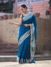 Banarasee Handloom Semi Silk Plain Saree With Zari Border & Lace-Teal Blue