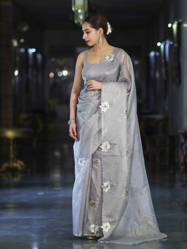 Banarasee Tissue Saree With Resham Embroidery Applique Work Pallu & Scallop Border-Light Blue