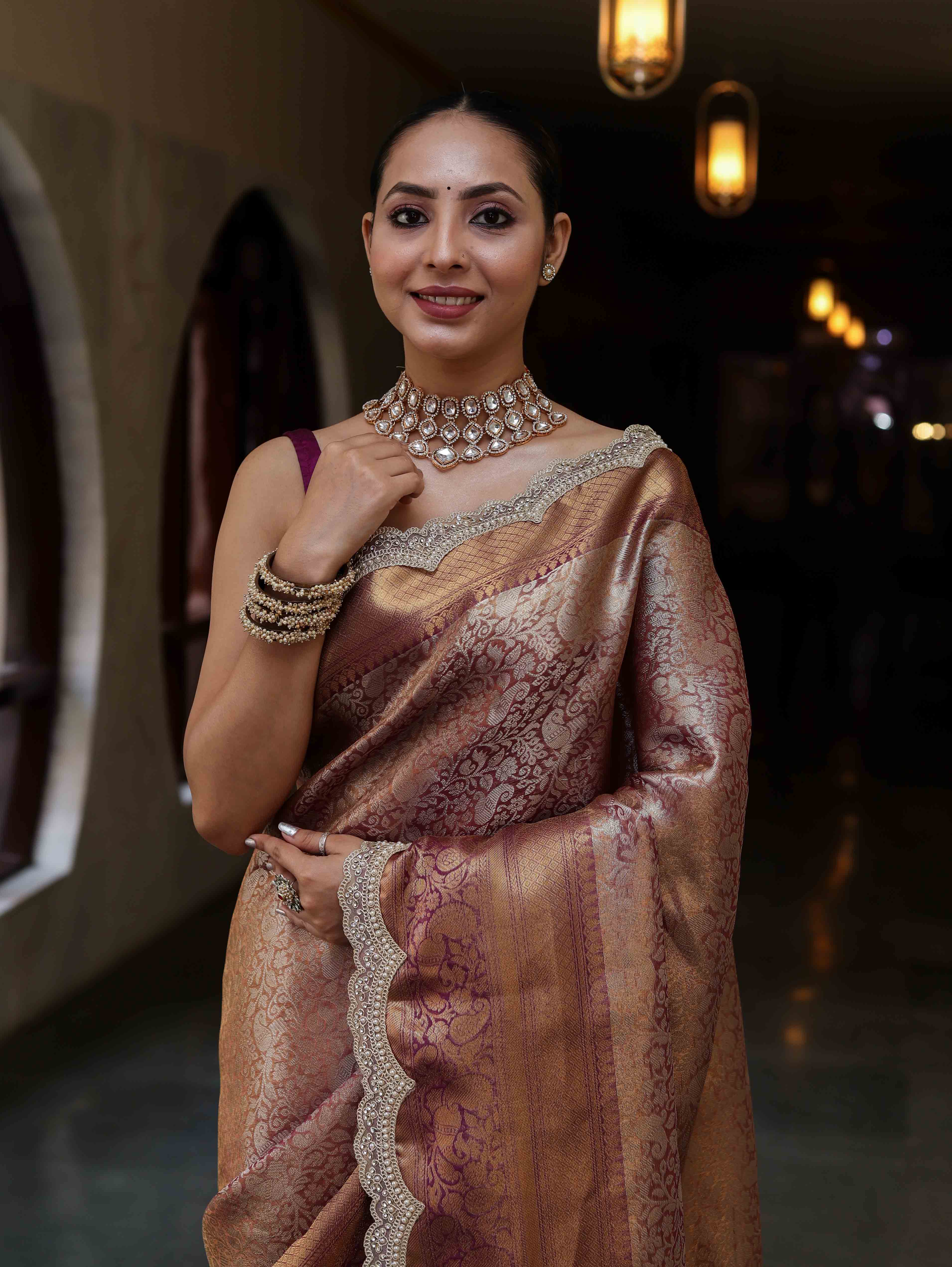 Banarasee Handwoven Dual Tone Tissue Saree With Zari Woven Design Contrast Border & Lace-Rust & Purple