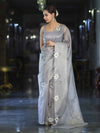 Banarasee Tissue Saree With Resham Embroidery Applique Work Pallu & Scallop Border-Light Blue