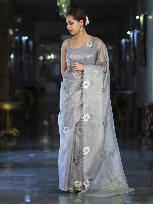 Banarasee Tissue Saree With Resham Embroidery Applique Work Pallu & Scallop Border-Light Blue