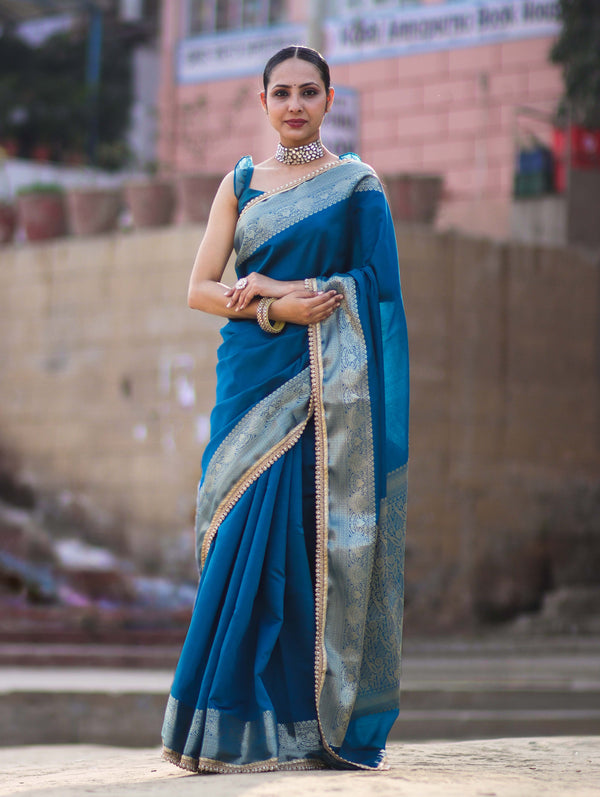 Banarasee Handloom Semi Silk Plain Saree With Zari Border & Lace-Teal Blue