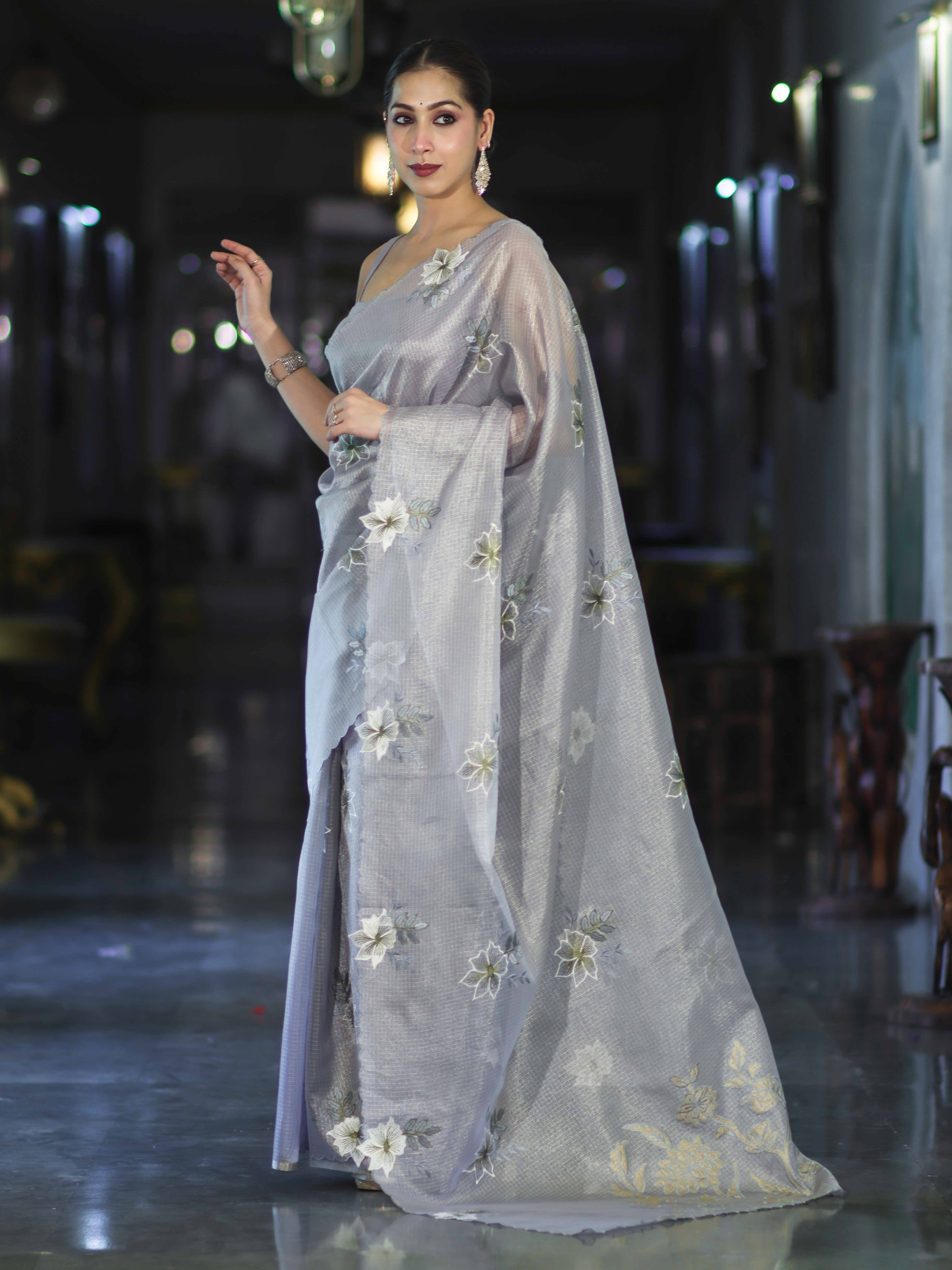 Banarasee Tissue Saree With Resham Embroidery Applique Work Pallu & Scallop Border-Light Blue