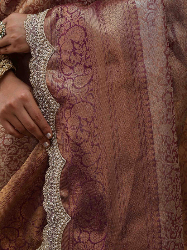 Banarasee Handwoven Dual Tone Tissue Saree With Zari Woven Design Contrast Border & Lace-Rust & Purple