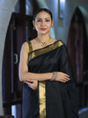 Banarasee Handloom Cotton Silk Plain Saree With Contrast Pallu & Border-Black & Gold