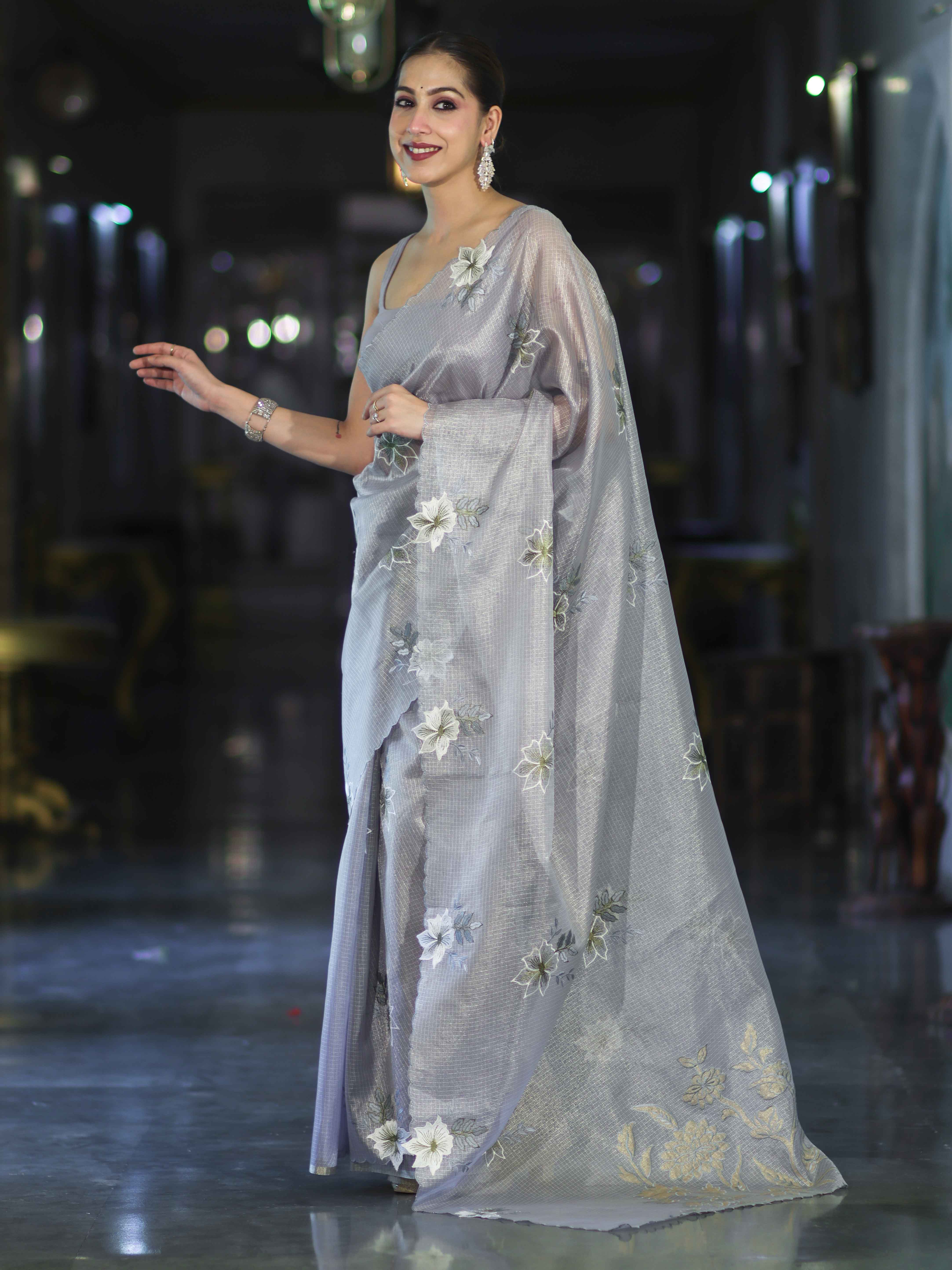 Banarasee Tissue Saree With Resham Embroidery Applique Work Pallu & Scallop Border-Light Blue