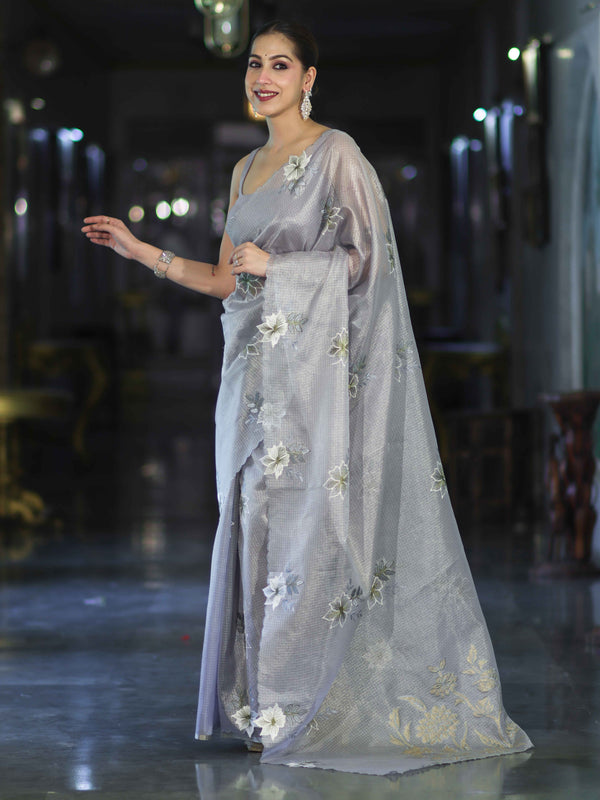 Banarasee Tissue Saree With Resham Embroidery Applique Work Pallu & Scallop Border-Light Blue