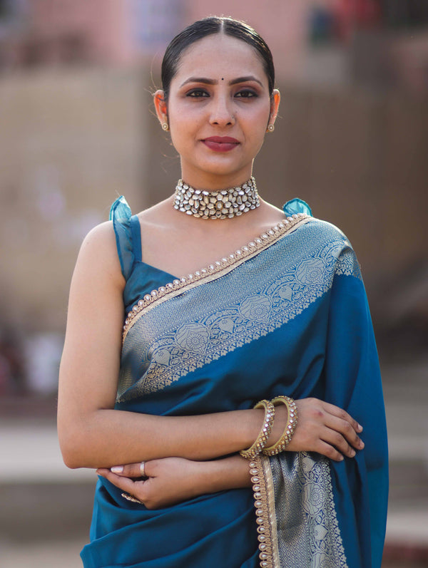 Banarasee Handloom Semi Silk Plain Saree With Zari Border & Lace-Teal Blue