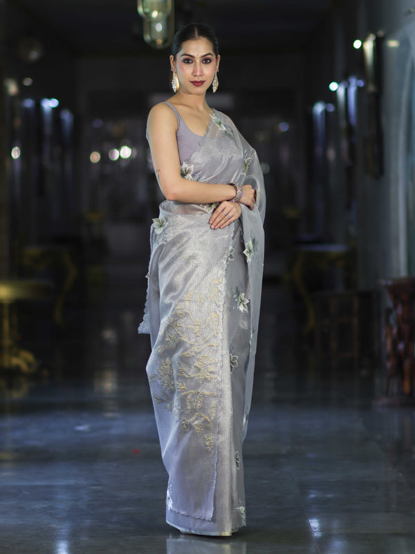 Banarasee Tissue Saree With Resham Embroidery Applique Work Pallu & Scallop Border-Light Blue