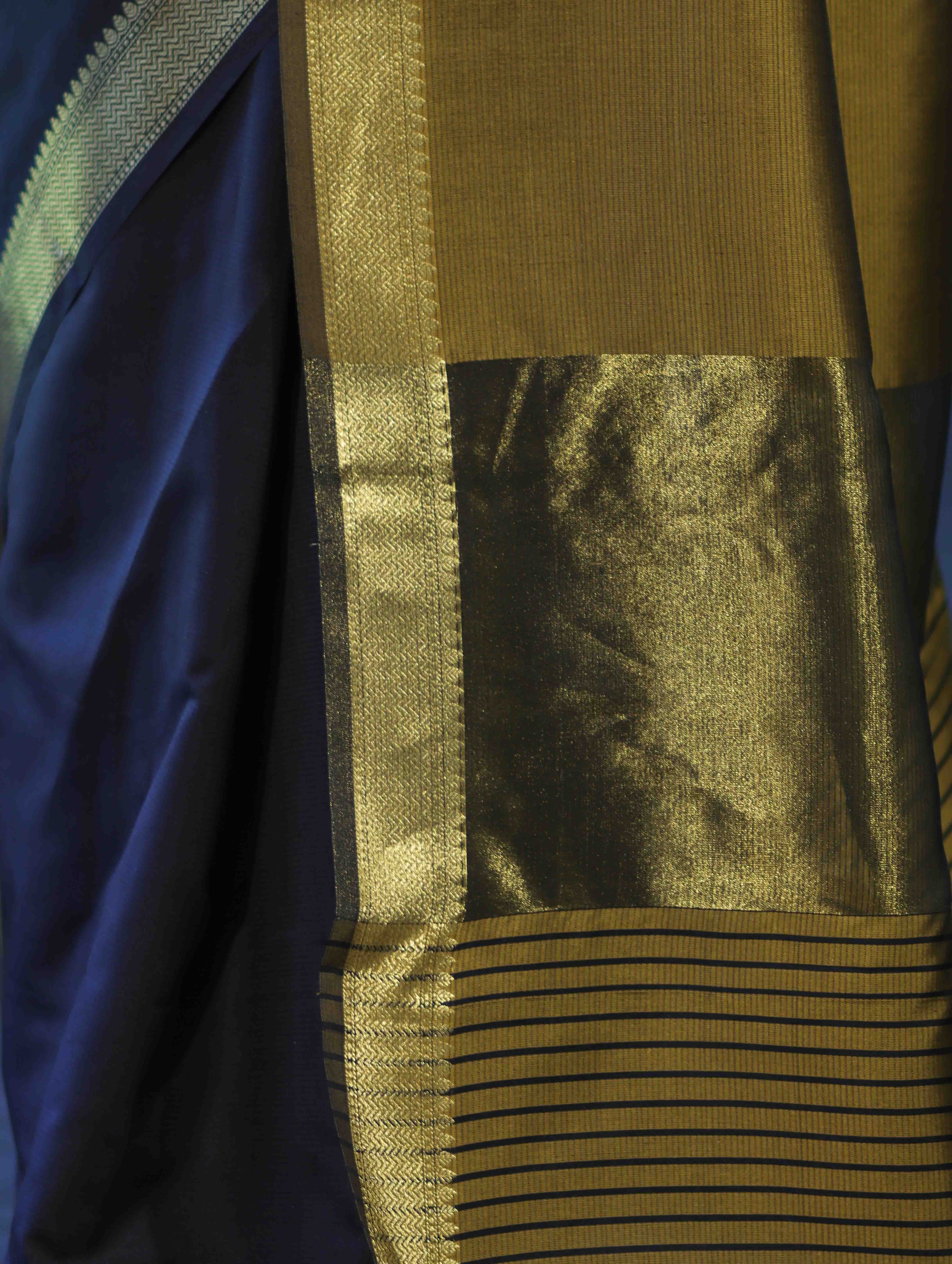 Banarasee Handloom Cotton Silk Plain Saree With Contrast Pallu & Border-Black & Gold
