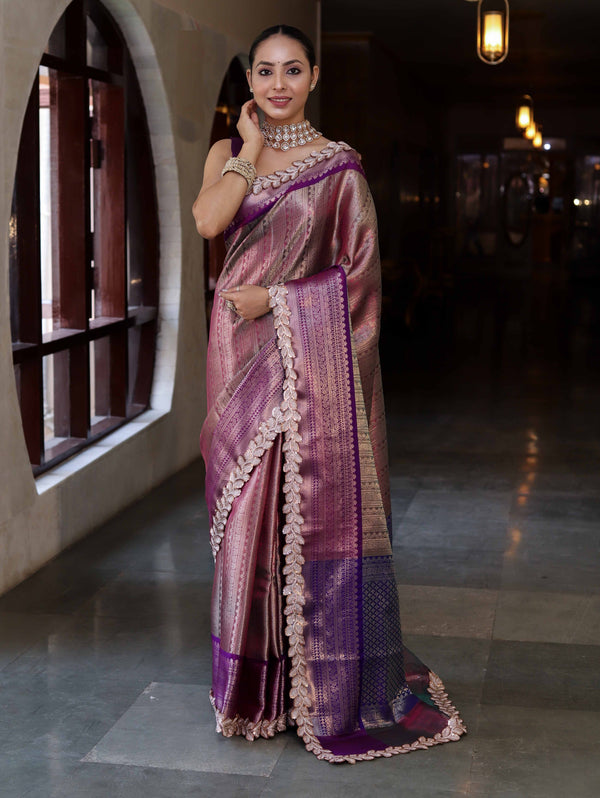 Banarasee Handwoven Dual Tone Tissue Saree With Zari Woven Design Contrast Border & Lace-Pink & Violet