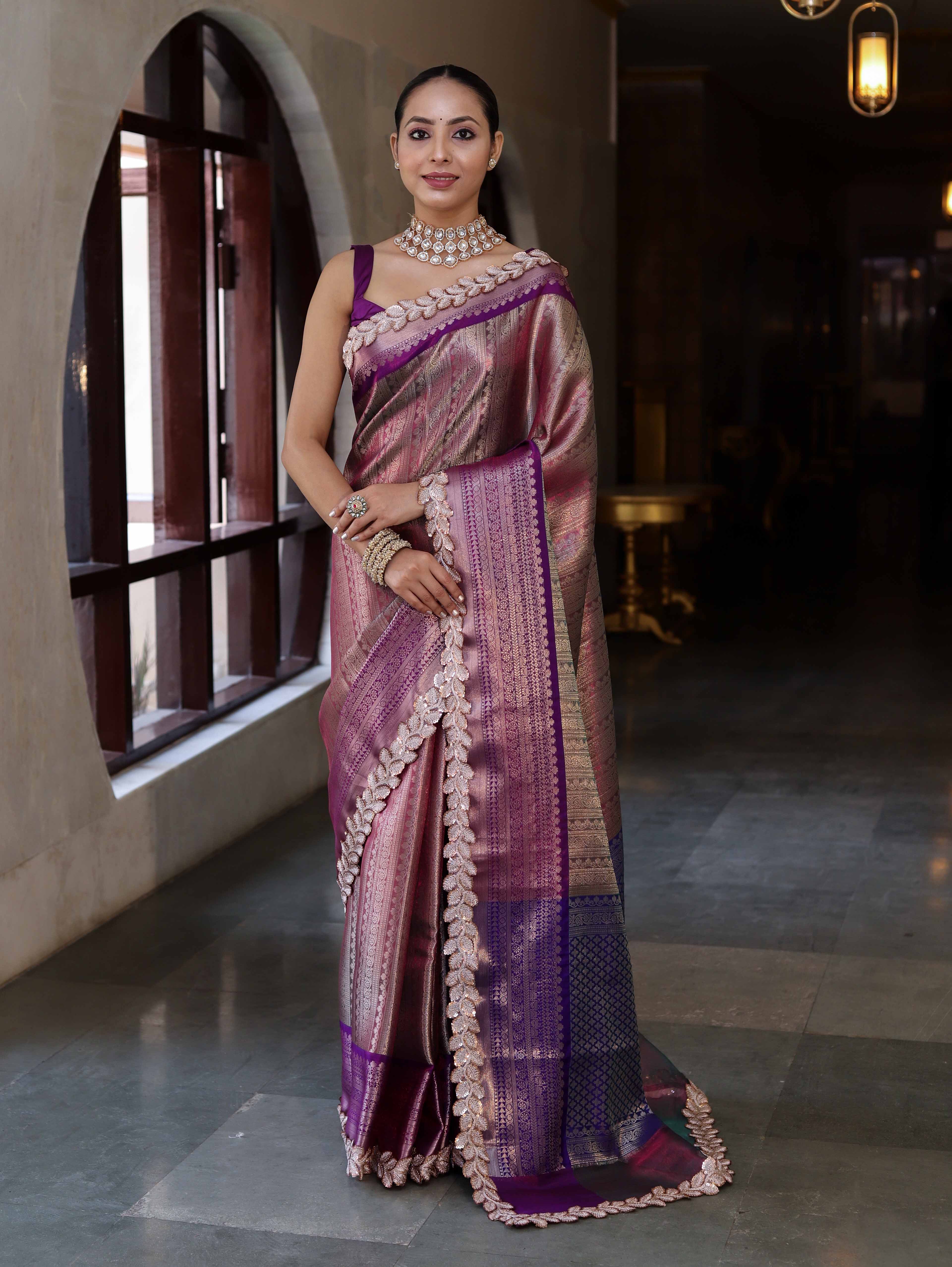 Banarasee Handwoven Dual Tone Tissue Saree With Zari Woven Design Contrast Border & Lace-Pink & Violet