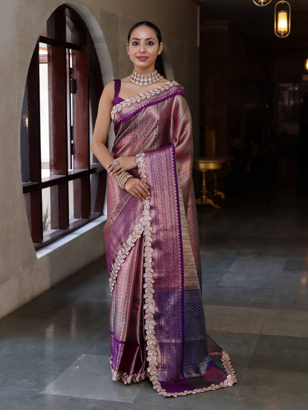 Banarasee Handwoven Dual Tone Tissue Saree With Zari Woven Design Contrast Border & Lace-Pink & Violet
