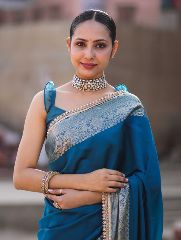 Banarasee Handloom Semi Silk Plain Saree With Zari Border & Lace-Teal Blue