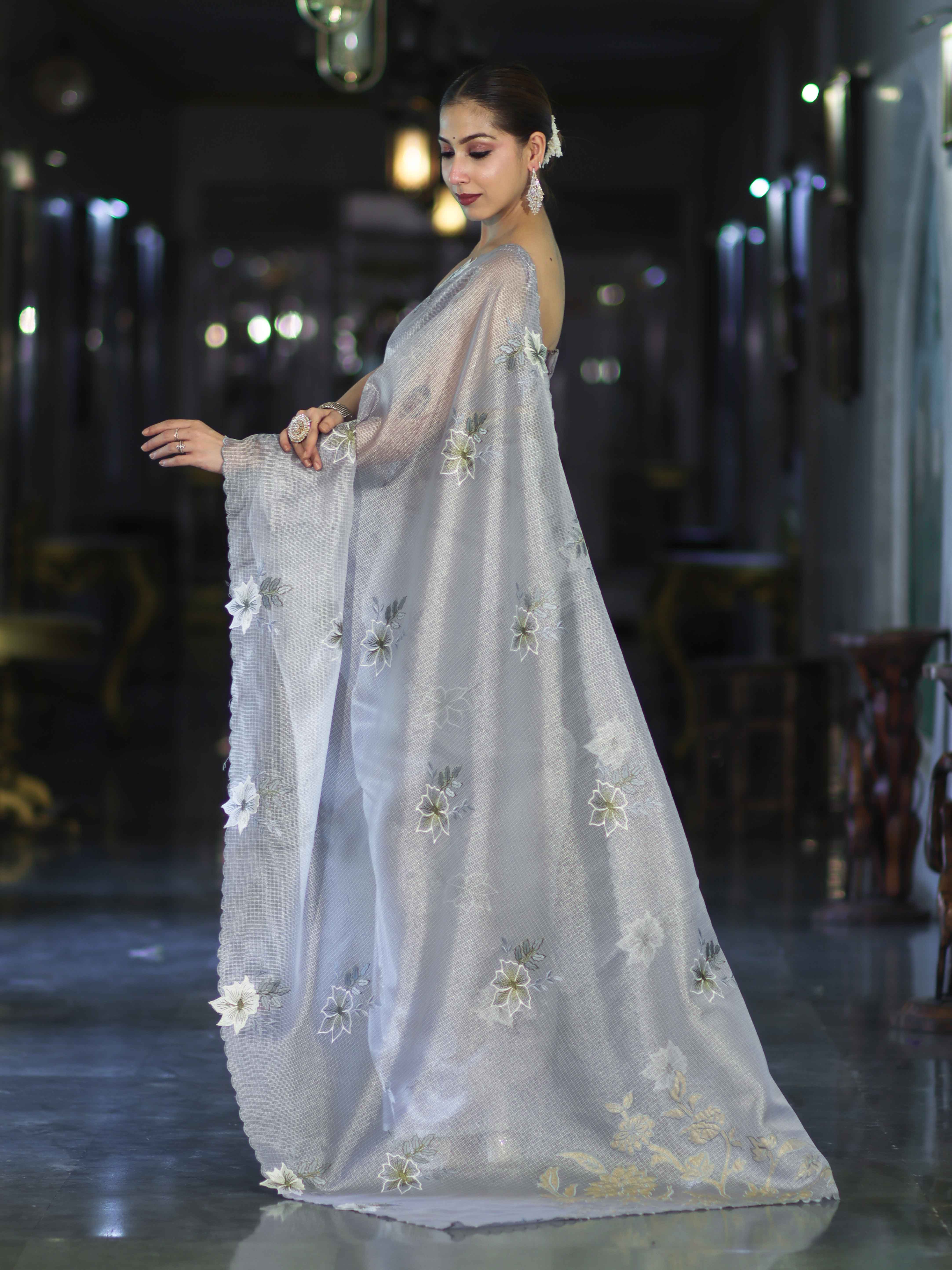 Banarasee Tissue Saree With Resham Embroidery Applique Work Pallu & Scallop Border-Light Blue
