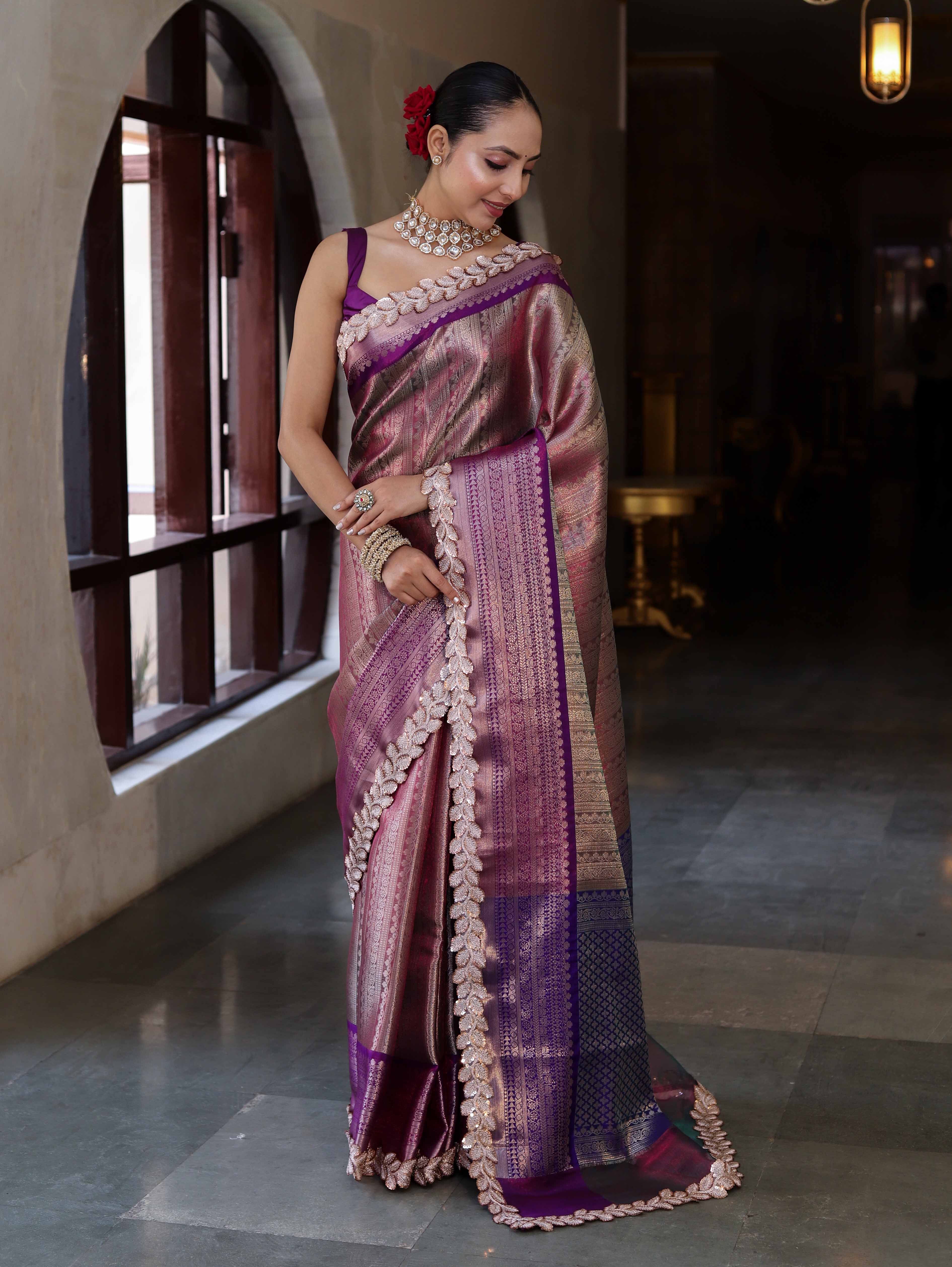 Banarasee Handwoven Dual Tone Tissue Saree With Zari Woven Design Contrast Border & Lace-Pink & Violet