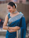 Banarasee Handloom Semi Silk Plain Saree With Zari Border & Lace-Teal Blue