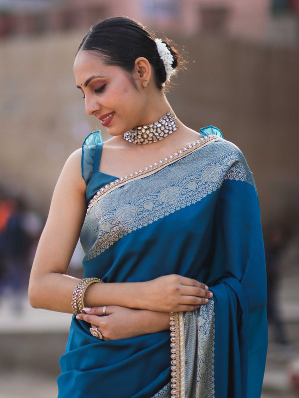 Banarasee Handloom Semi Silk Plain Saree With Zari Border & Lace-Teal Blue