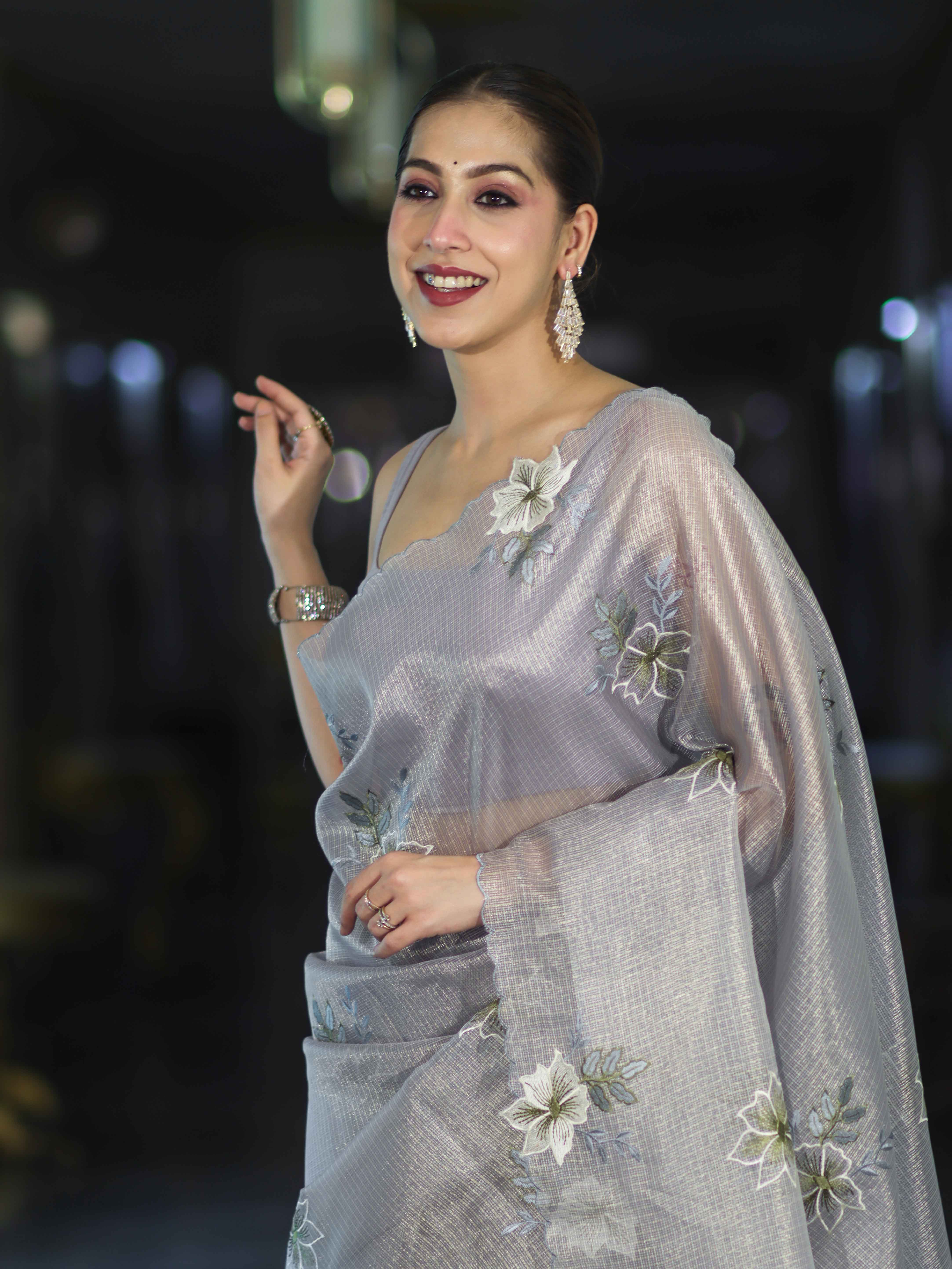 Banarasee Tissue Saree With Resham Embroidery Applique Work Pallu & Scallop Border-Light Blue