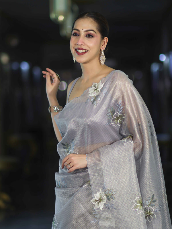 Banarasee Tissue Saree With Resham Embroidery Applique Work Pallu & Scallop Border-Light Blue