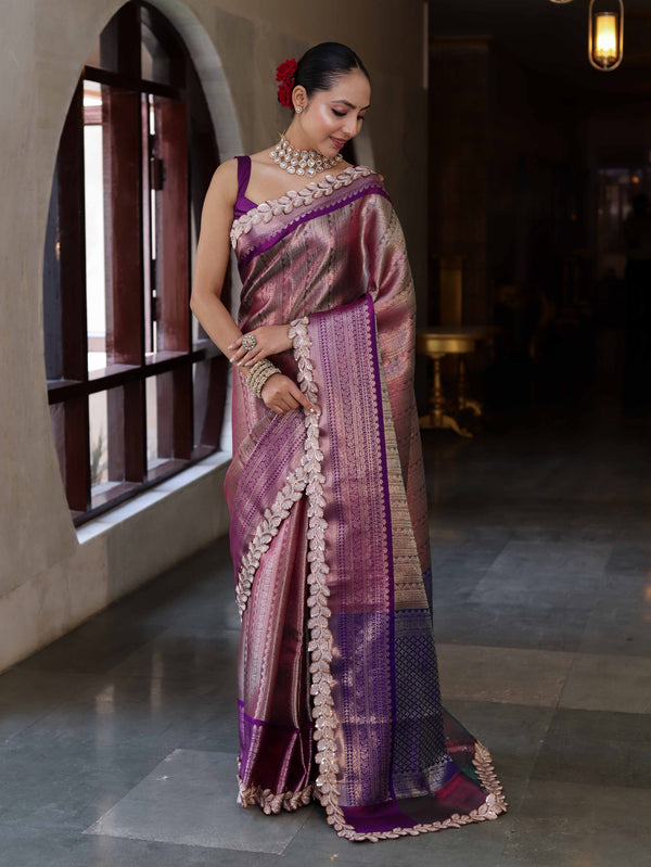 Banarasee Handwoven Dual Tone Tissue Saree With Zari Woven Design Contrast Border & Lace-Pink & Violet