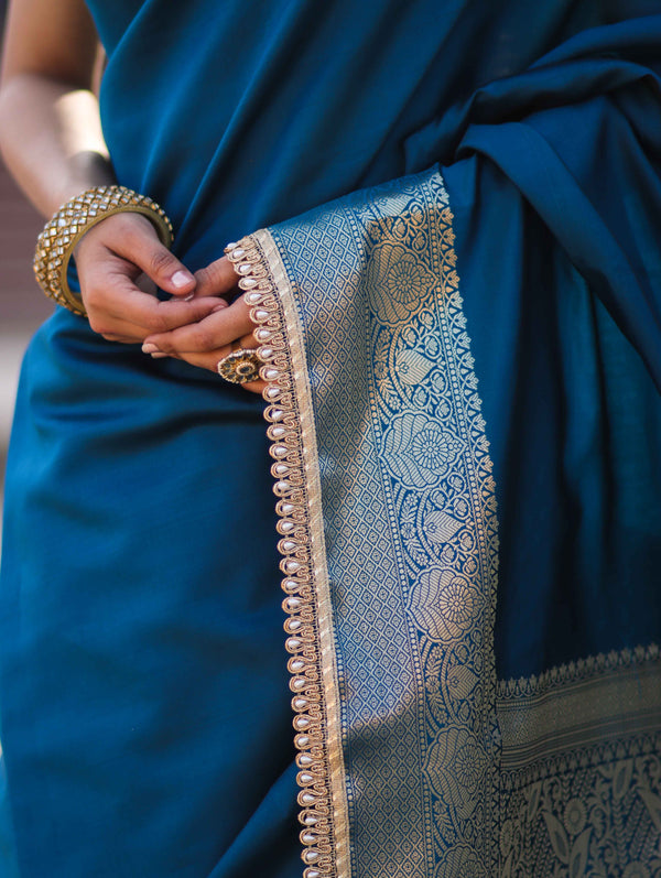 Banarasee Handloom Semi Silk Plain Saree With Zari Border & Lace-Teal Blue
