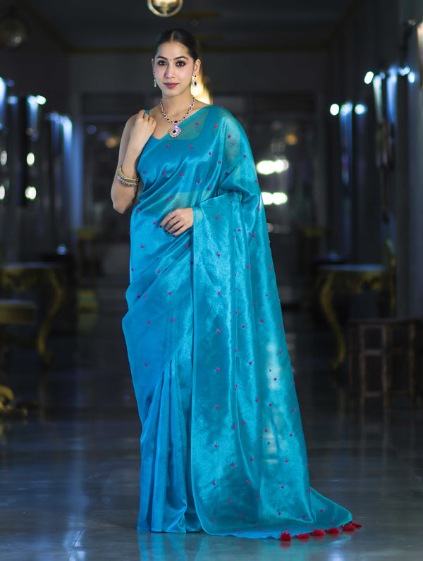 Banarasee Handwoven Tissue Saree With Handwoven Pearl Motifs-Blue