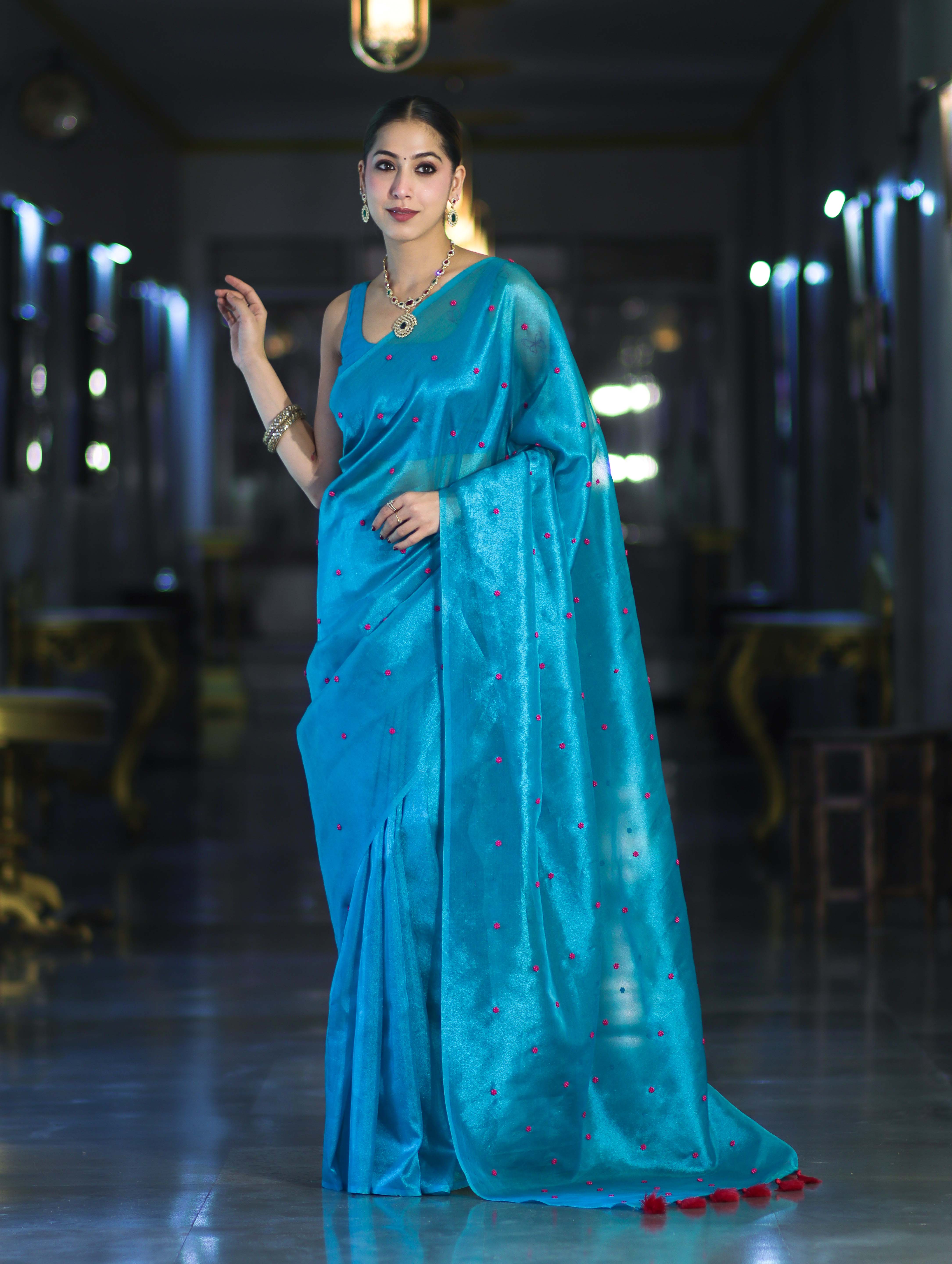 Banarasee Handwoven Tissue Saree With Handwoven Pearl Motifs-Blue