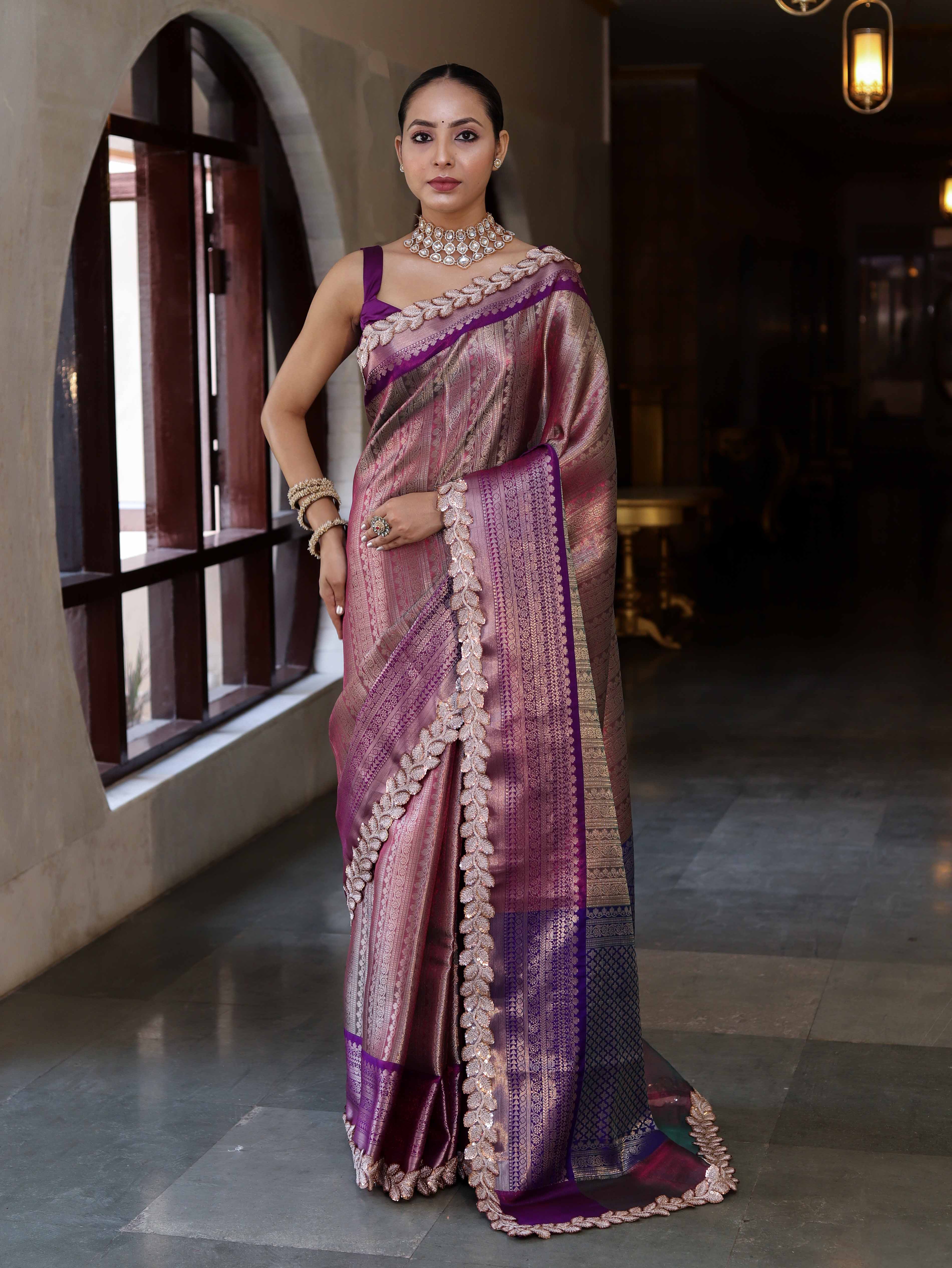 Banarasee Handwoven Dual Tone Tissue Saree With Zari Woven Design Contrast Border & Lace-Pink & Violet