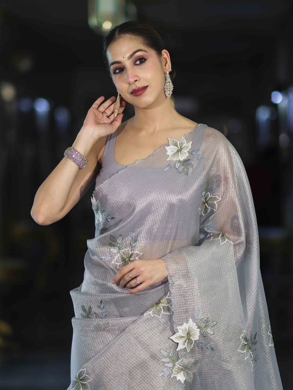 Banarasee Tissue Saree With Resham Embroidery Applique Work Pallu & Scallop Border-Light Blue